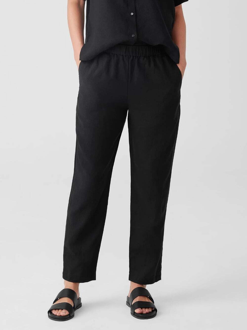 Eileen Fisher Women 1X Linen Pant High Waisted Tapered Ankle Black Stretch Waist